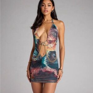 Windsor Multicolor Plunge Halter Mini Dress with Chain Detail